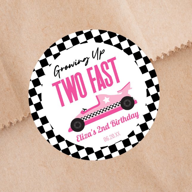 Two Fast Pink Race Car 2nd Birthday Party Classic Round Sticker (Creator Uploaded)