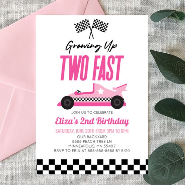Two Fast Pink Race Car 2nd Birthday Party Invitation (Creator Uploaded)