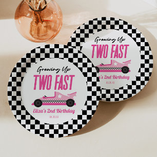 Two Fast Pink Race Car 2nd Birthday Party Paper Plate