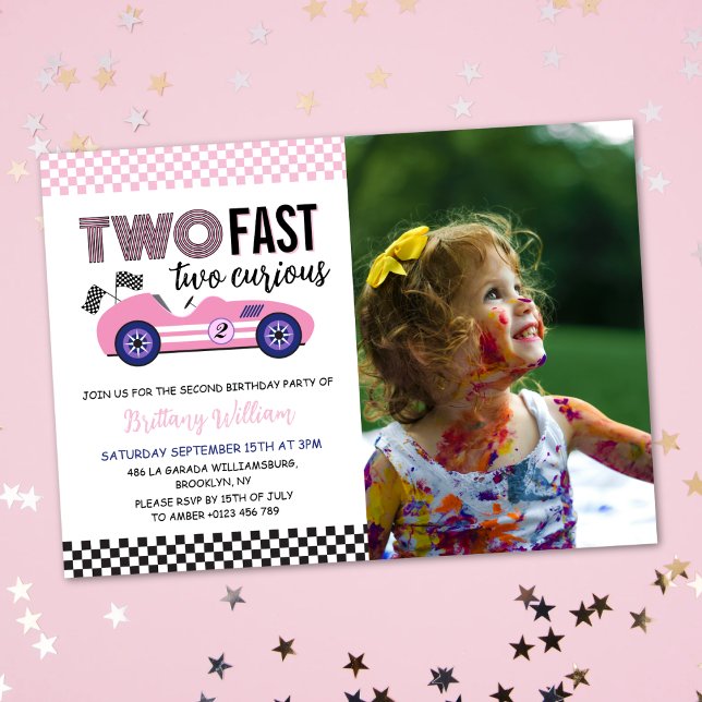 Two Fast Pink Race Car Girl Second Birthday Photo  Invitation (Creator Uploaded)