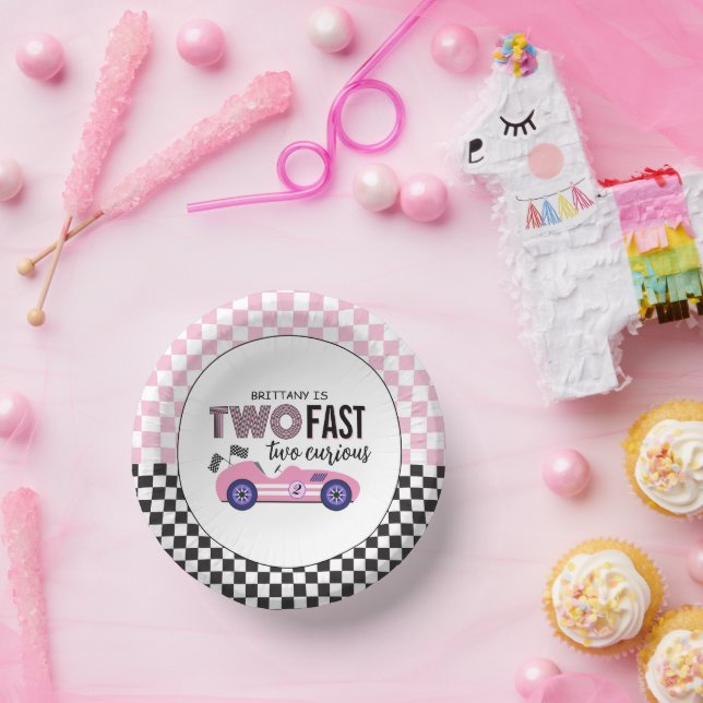 Two Fast Pink Race Car Second Birthday  Paper Plate (Party)