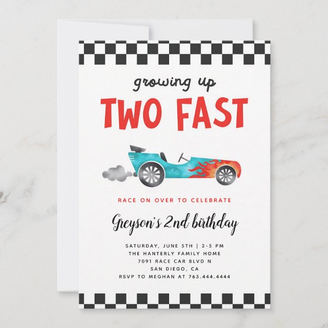 Two Fast Race Car 2nd Birthday Boy Invitation (Front)