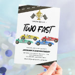 Two Fast Race Car 2nd Birthday  Invitation<br><div class="desc">Boys racing 2nd birthday invitations featuring a simple white background,  4 watercolor race cars,  roads,  chequered flags,  a trophy,  and a kids birthday celebration template that is easy to customise.</div>