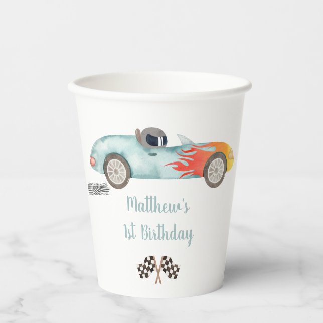 Two Fast Race Car Birthday Paper Cups (Front)