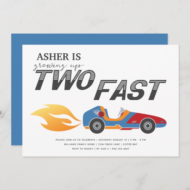 Two Fast Race Car Boy 2nd Birthday Invitation (Front/Back)