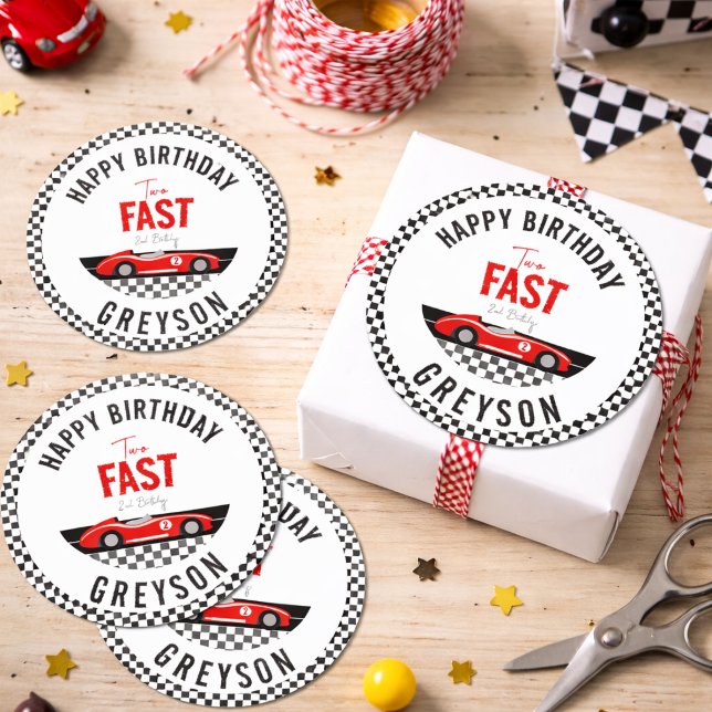 Two Fast Race Car Boy 2nd Birthday Party Classic Round Sticker (Two Fast Race Car Boy 2nd Birthday Party Classic Round Sticker
)