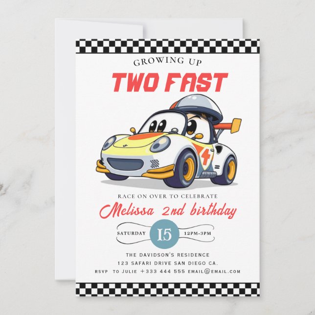 Two Fast Race Car Boy 2nd Birthday Party Invitatio Invitation (Front)