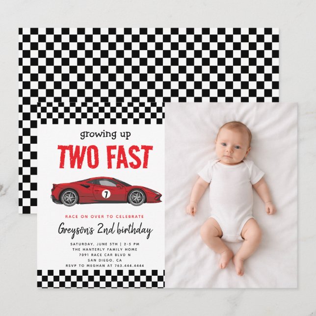 Two Fast Race Car Boy 2nd Birthday Party Invitation (Front/Back)