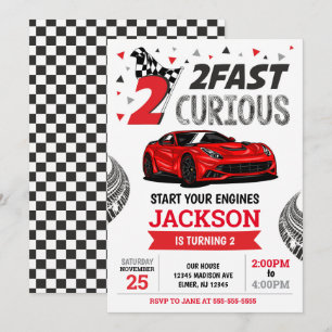 Two Fast Race Car Boy 2nd Birthday Party Invitation