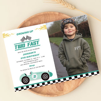 Two Fast Race Car Boy 2nd Birthday Party Photo Invitation
