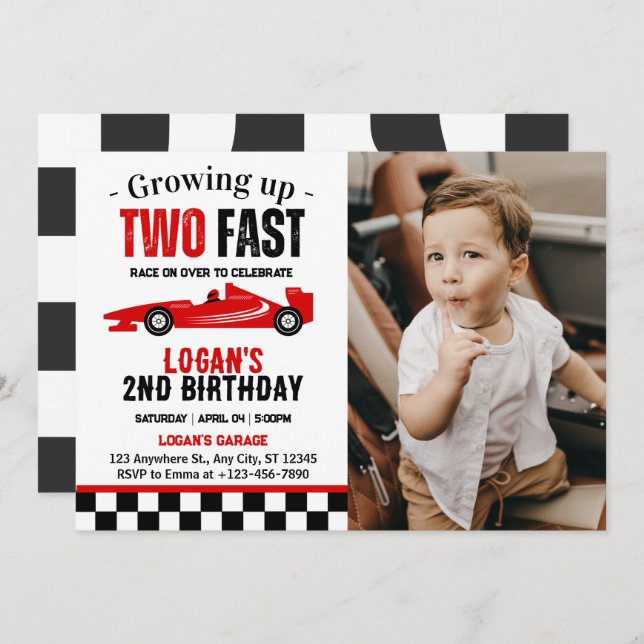 Two Fast Race Car Boy 2nd Birthday Party Photo Invitation (Front/Back)