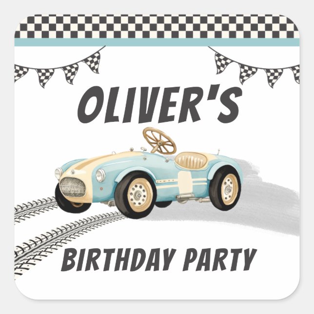 Two Fast Race Car Boy 2nd Birthday Party Square Sticker (Front)