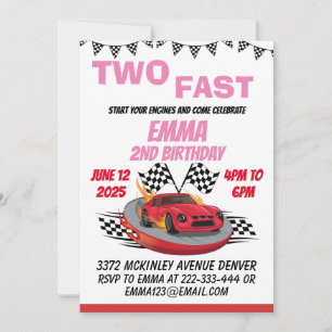 Two Fast Race Car Girl 2nd Birthday Party Invitation
