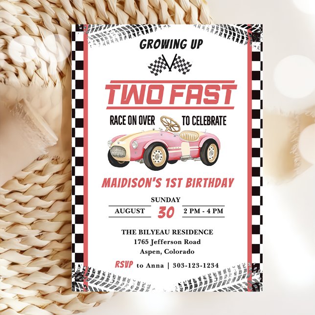 Two Fast Race Car Girl 2nd Birthday Party  Invitation (Creator Uploaded)