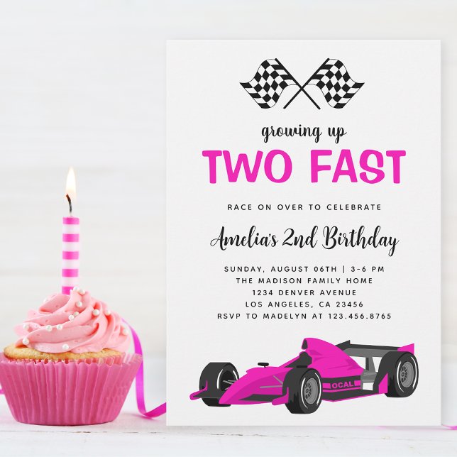 Two Fast Race Car Girl 2nd Birthday Party Invitation (Creator Uploaded)