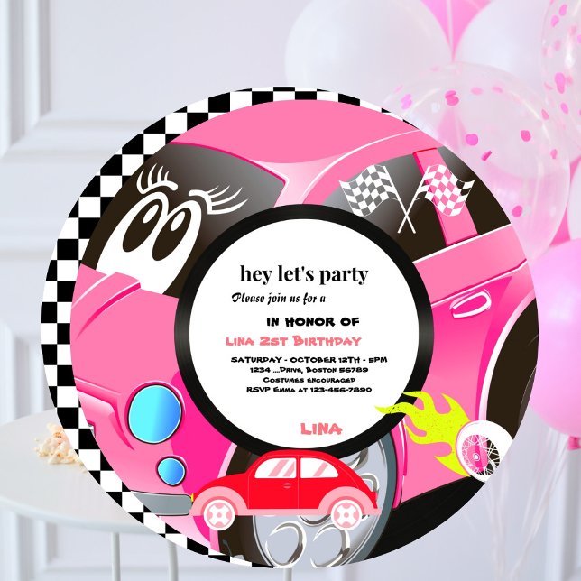 Two Fast Race Car girls 2nd Birthday Party circle Invitation (Creator Uploaded)