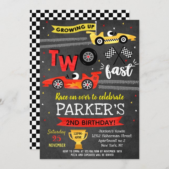 Two Fast  Race Car Racing 2nd Birthday Invitations (Front/Back)