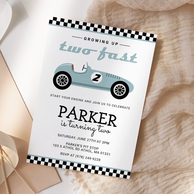 Two Fast Race Car Racing Birthday Blue Invitation (Creator Uploaded)