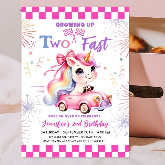 Two Fast Race Pink Car Girl 2nd Birthday Party  Invitation (Creator Uploaded)
