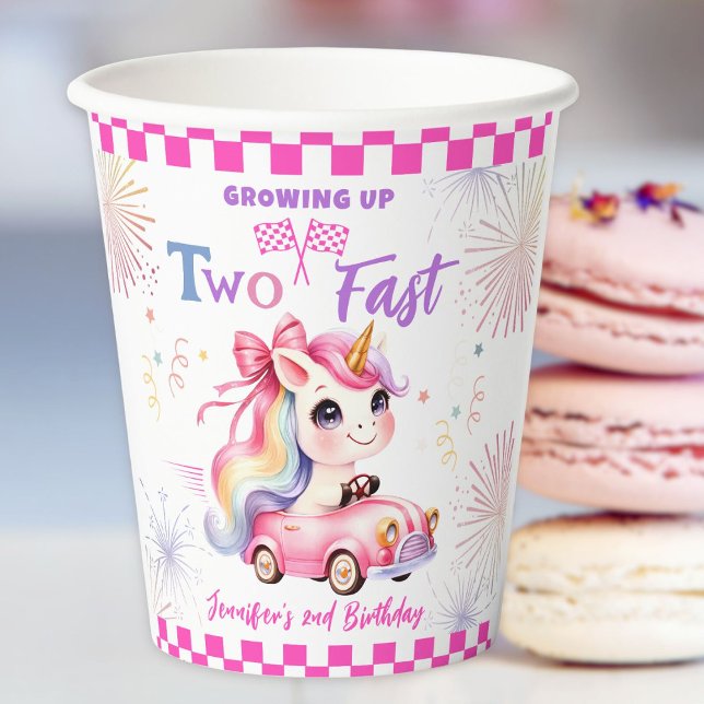 Two Fast Race Pink Car Girl 2nd Birthday Party Paper Cups (Creator Uploaded)