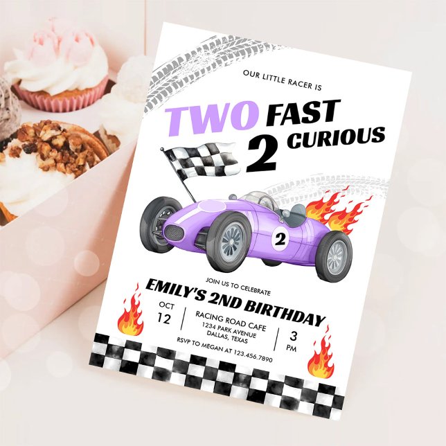 Two Fast Race Purple Car 2nd Racing Girl Birthday Invitation (Creator Uploaded)