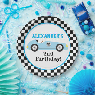 Two Fast Racecar Blue Racing Boy Birthday Paper Plate
