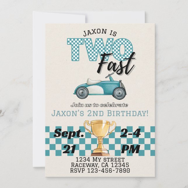 Two Fast, Racecar Theme Birthday Invitation (Front)