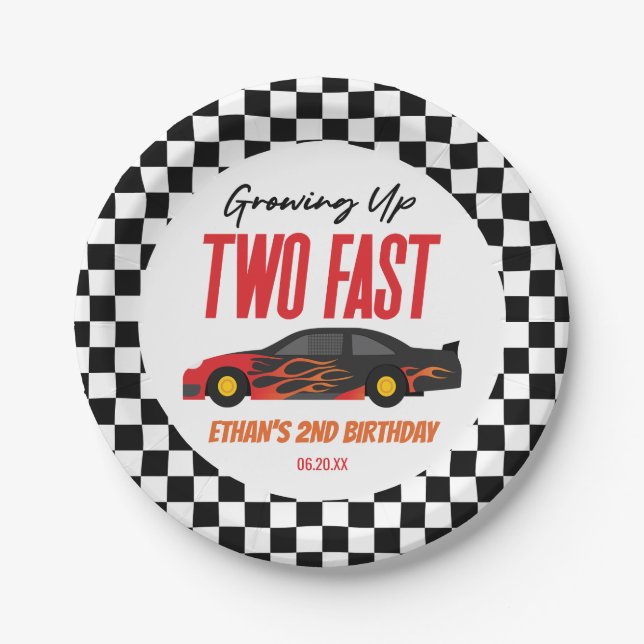 Two Fast Red Flame Race Car 2nd Birthday Party Paper Plate (Front)
