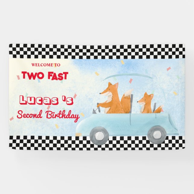 Two Fast  Red Fox Race Car 2nd HBD Party Banner (Horizontal)