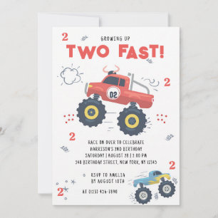 Two Fast Red Monster Truck 2nd Birthday Invitation