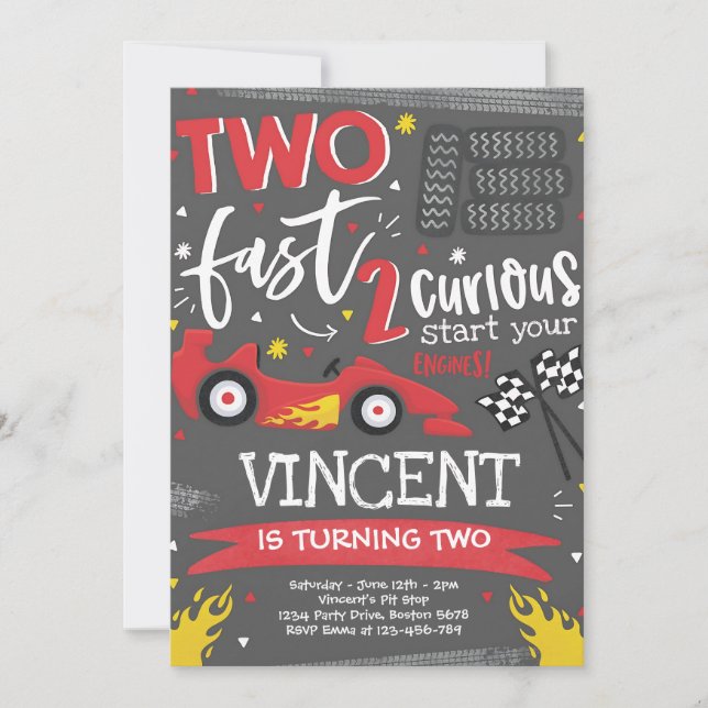 Two Fast Red Race Car 2nd Birthday Invitation (Front)