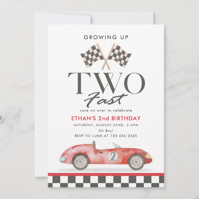 Two Fast Red Race Car 2nd Birthday Invitation (Front)