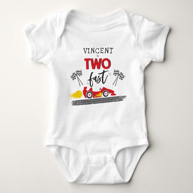 Two Fast Red Race Car 2nd Birthday Party Outfit Baby Bodysuit (Front)