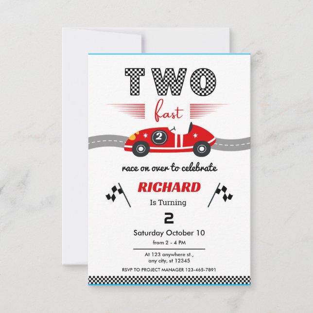 Two Fast Red Race Car Birthday  Invitation (Front)
