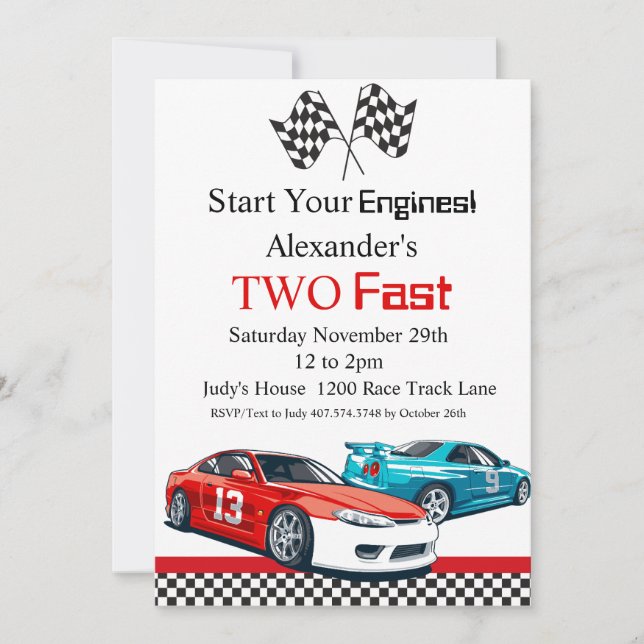 Two Fast Red Race Car Birthday Invitation (Front)