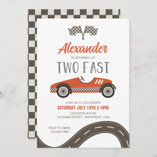 Two Fast Red Race Car Birthday Invitation (Front/Back)