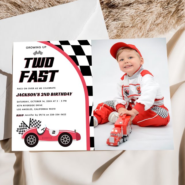 Two Fast Red Race Car Birthday Party Photo  Invitation (Creator Uploaded)