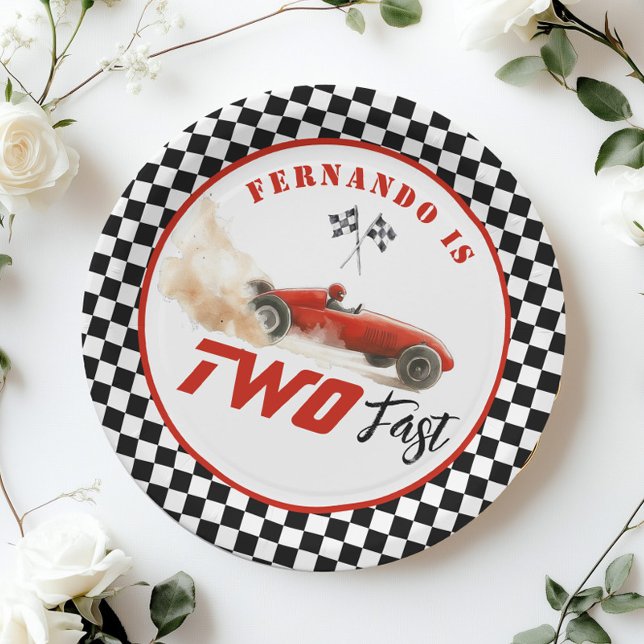 Two Fast Red race car Boy 2nd Birthday Balloon Paper Plate (Creator Uploaded)