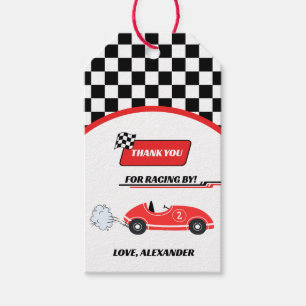 Two fast red retro race car theme boy's birthday gift tags