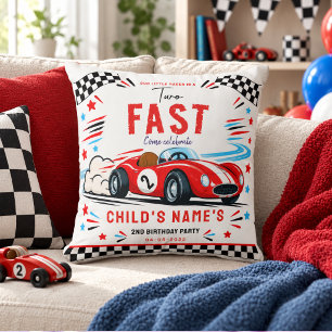 Two Fast Red Vintage Race Car 2nd Birthday Cushion