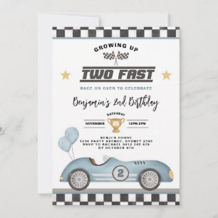 Two Fast Retro Blue Race Car Boy 2nd Birthday Invitation