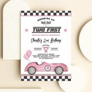 Two Fast Retro Pink Race Car Girl 2nd Birthday Invitation