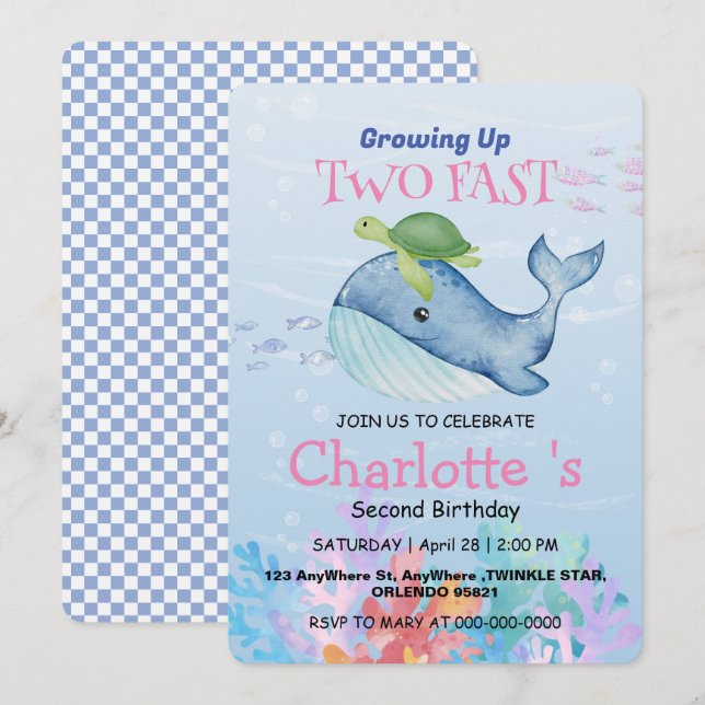 Two fast turtle Whale racing 2nd Birthday party Invitation (Front/Back)