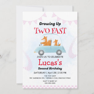 Two Fast wild jungle Race Car 2nd Birthday Party Invitation
