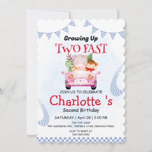 Two Fast wild jungle Race Car 2nd Birthday Party  Invitation