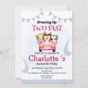 Two Fast wild jungle Race Car 2nd Birthday Party Invitation
