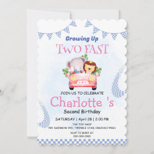 Two Fast wild jungle Race Car 2nd Birthday Party Invitation