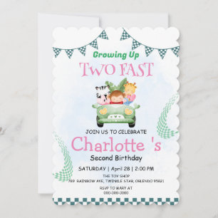 Two Fast wild jungle Race Car 2nd Birthday Party  Invitation