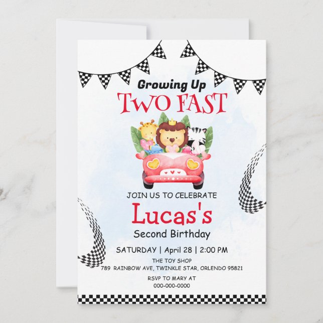 Two Fast wild Safari Race Car 2nd Birthday Party  Invitation (Front)