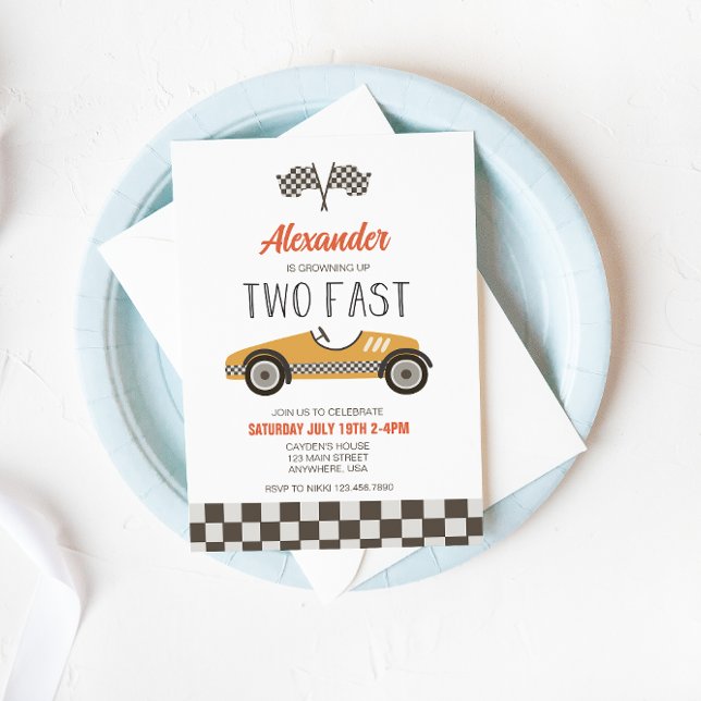 Two Fast yellow Race Car Birthday Invitation (Creator Uploaded)